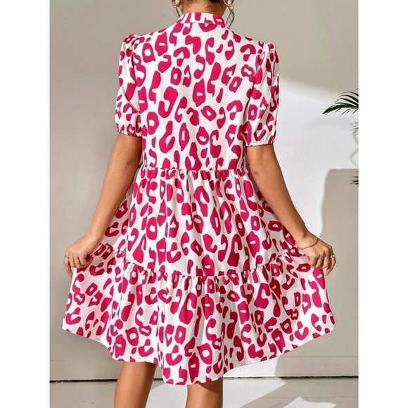 Pink Boho Leopard Print Button Through Puff Sleeve Dress - Picture 2 of 5